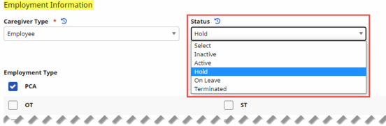 The Status dropdown displays in the Employment Information section with statuses such as hold, inactive, active, on leave, and terminated.